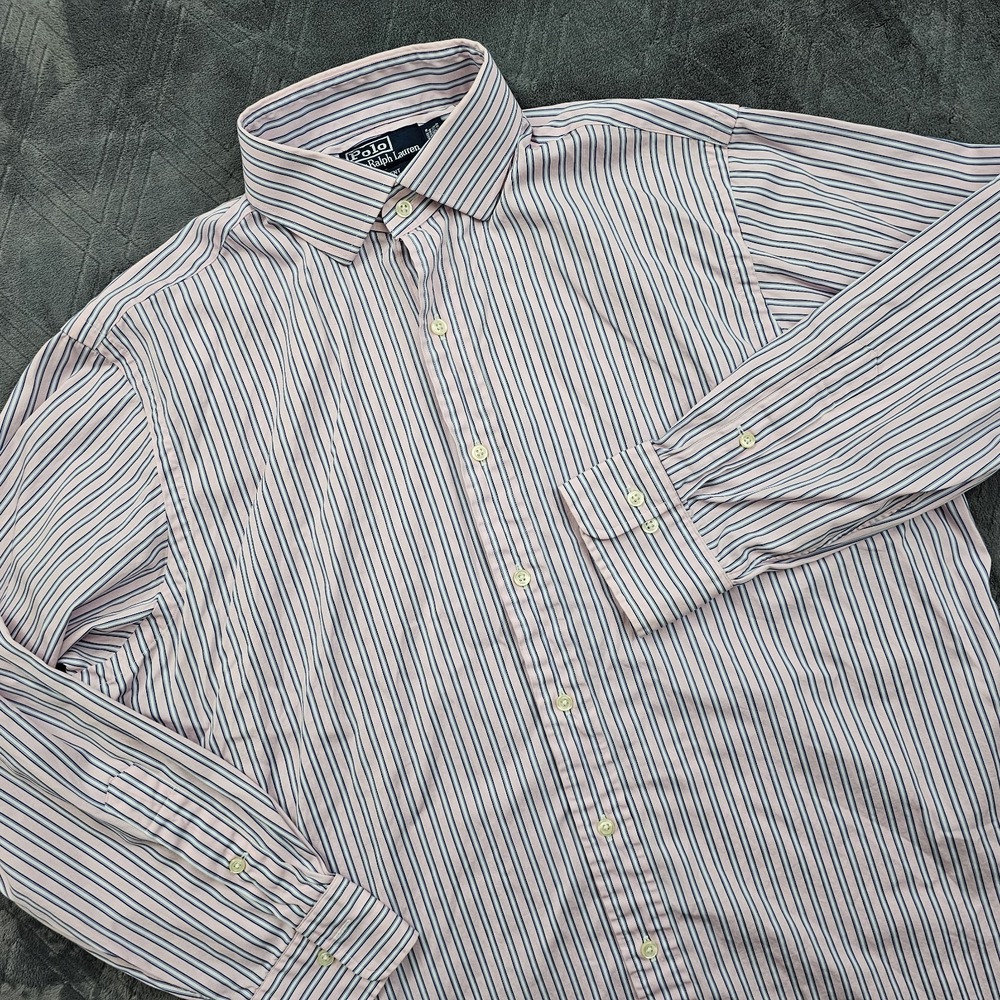 Polo Ralph Lauren Regent Classic Men 16.5 32 33 Shirt Stripe Blue Pink Preppy‎